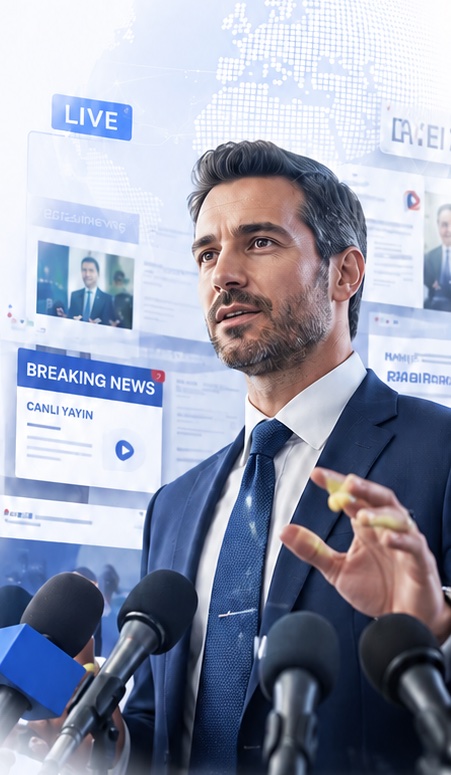 A spokesperson in a suit speaking at a press conference behind a bank of microphones, with live broadcast and breaking news cards behind them.