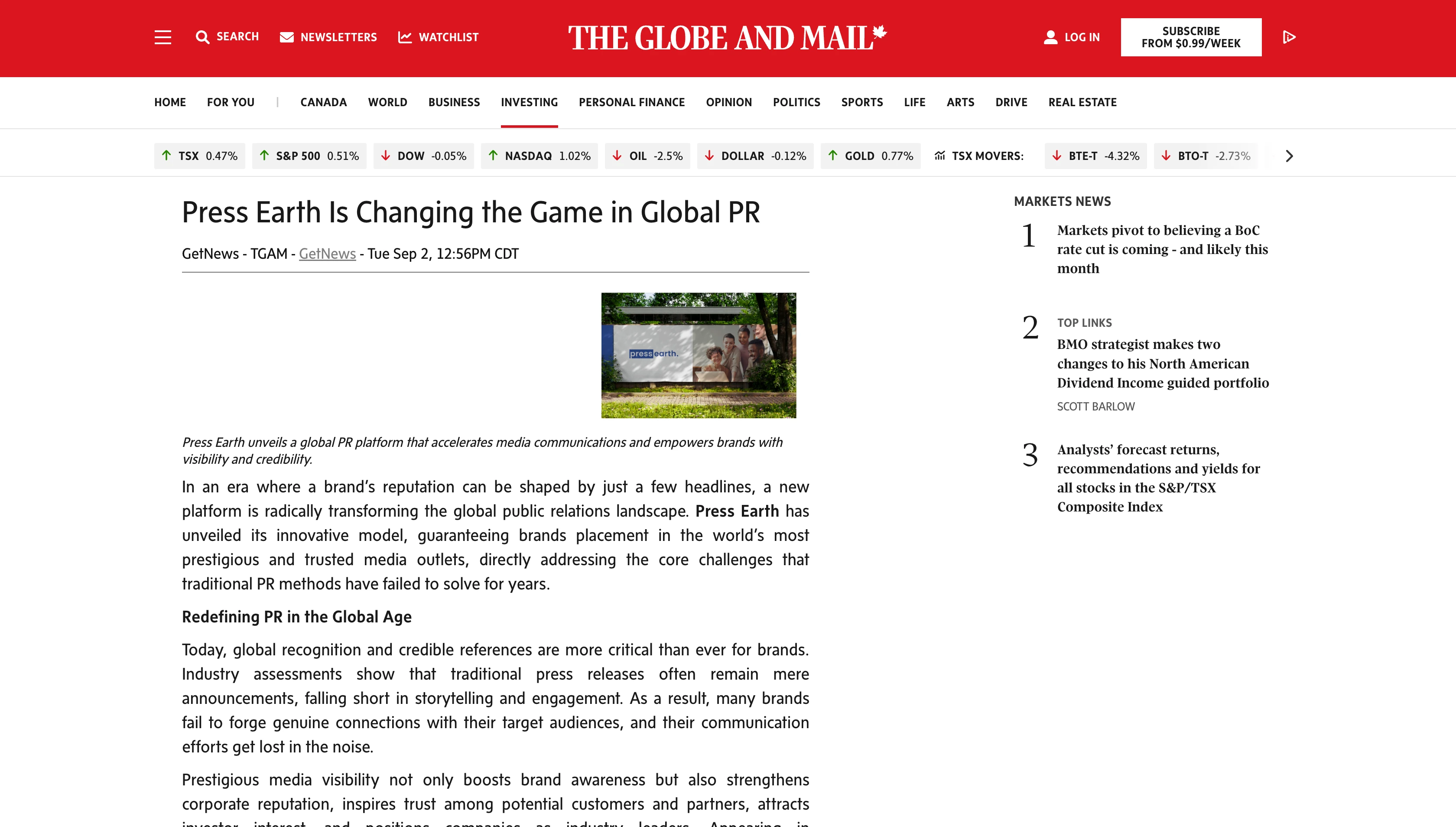 Press Earth on The Globe and Mail